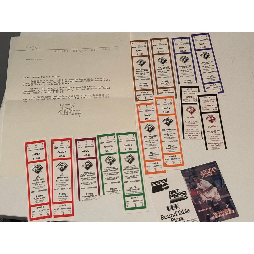 Vintage 1992-93 Santa Clara University Basketball Season Tickets VIP Parking Lot